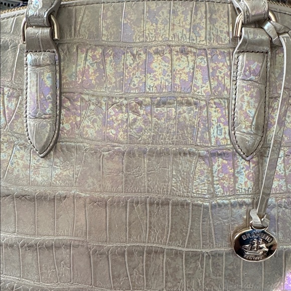 Brahmin Duxbury Leather Croc Embossed Satchel Handbag Pearly Cream Metallic